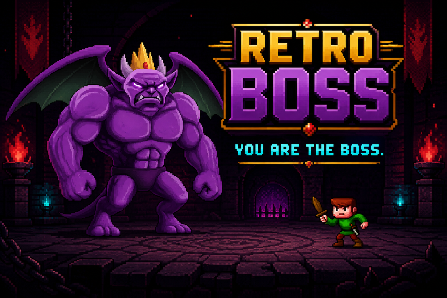 Retro Boss facing an invading hero inside the dungeon